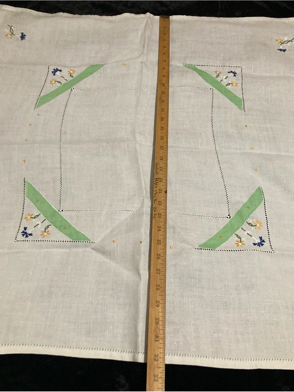 Embroidered Linen Hand Appliqué Tablecloth  Green Accents 33 inches square